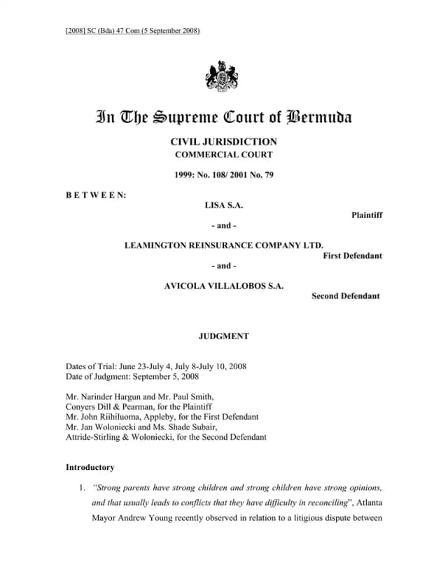 El Tribunal Supremo de Bermudas condena a Leamington Reinsurance al pago de $1,954,104.14 más intereses tras determinar que las pólizas de reaseguro de transporte eran un mecanismo para desviar dividendos del Grupo Avícola en perjuicio de Lisa, S.A.