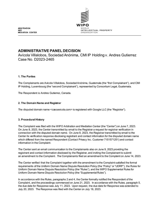 El panel único de la OMPI deniega la demanda de Avícola Villalobos y CMI IP Holding, determinando que el dominio casoavicola.com constituye uso justo no comercial conforme a la UDRP.
