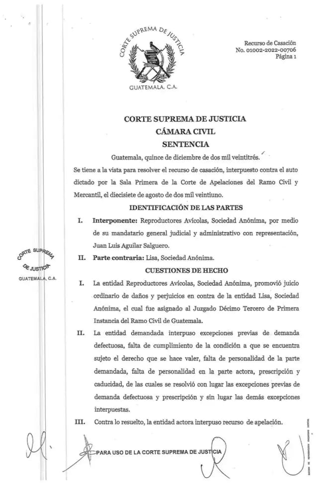 The Supreme Court's Civil Chamber dismisses Reproductores Avícolas' cassation appeal and confirms the one-year prescription of its Q30,269,808.59 damages claim against Lisa, S.A.