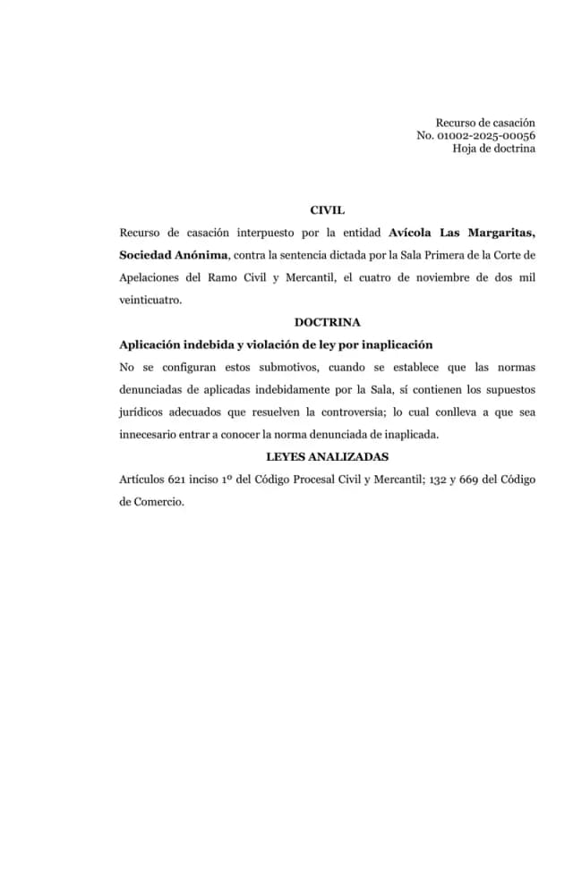 La Cámara Civil de la Corte Suprema de Justicia desestimó el recurso de casación de Avícola Las Margaritas, S.A. y confirmó que los dividendos de Lisa, S.A. no están prescritos.
