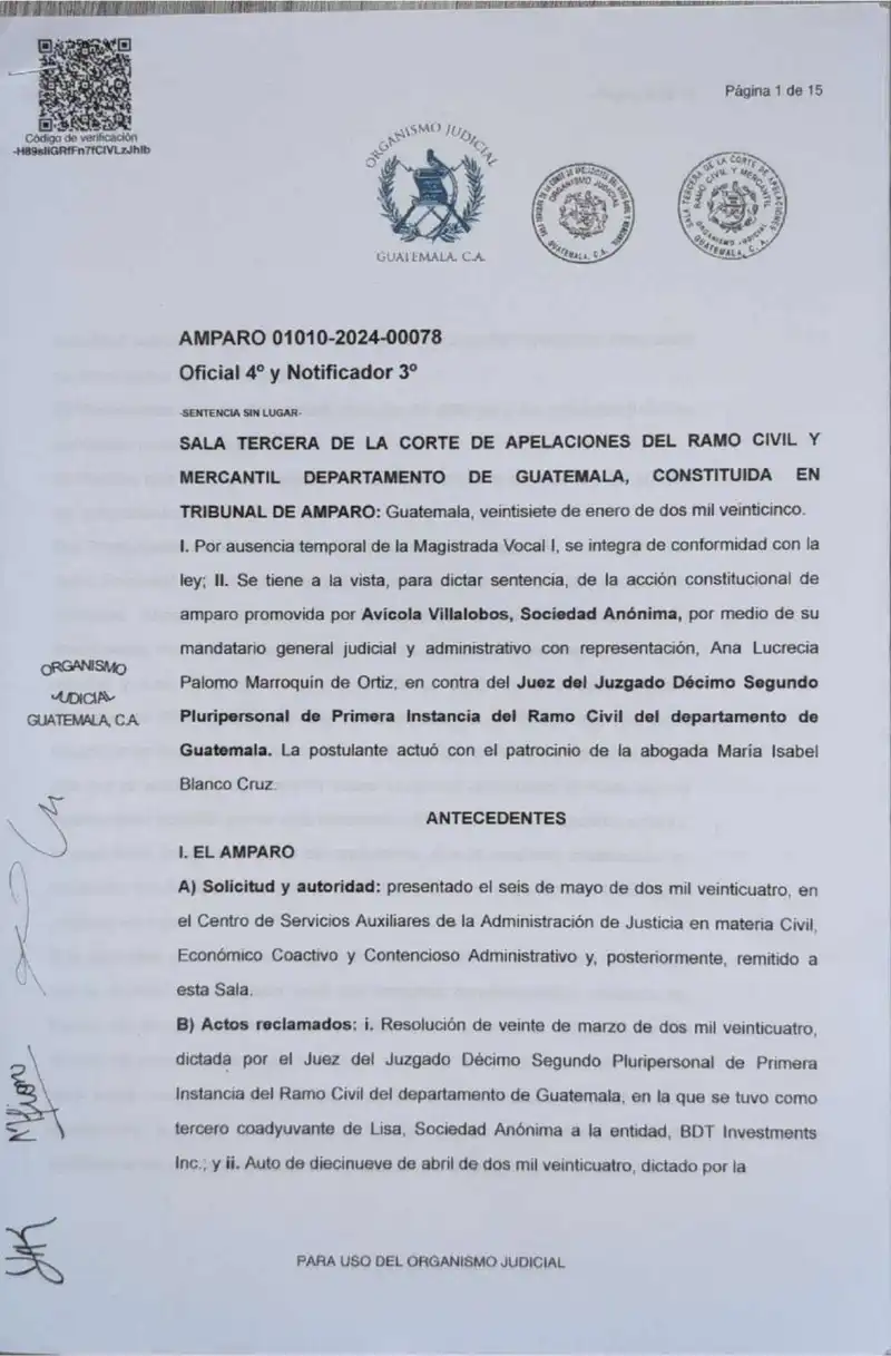 La Sala Tercera de Apelaciones denegó el amparo de Avícola Villalobos contra la admisión de BDT Investments Inc. como tercero coadyuvante de Lisa, S.A. en el juicio de prescripción de dividendos, con costas y multa.