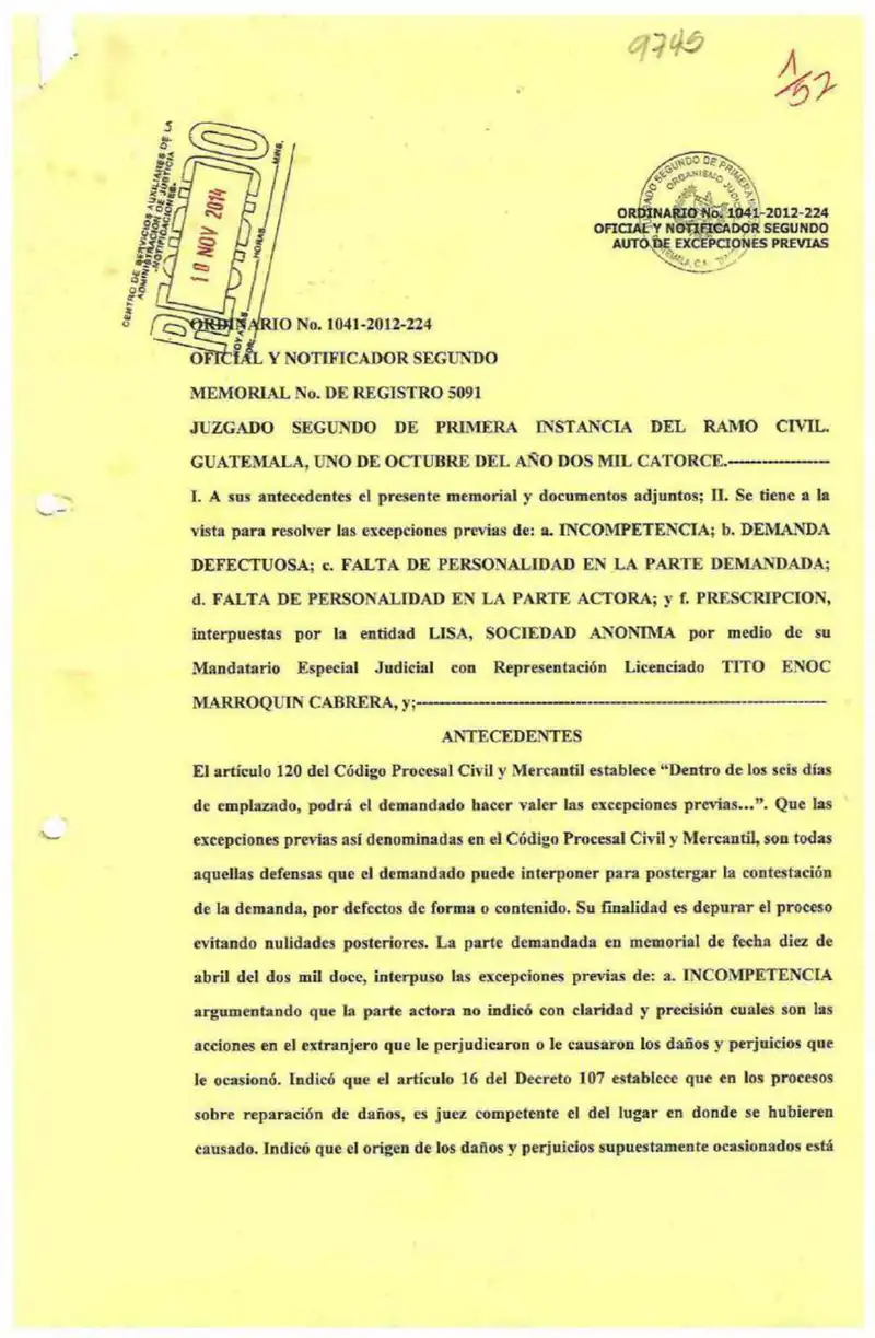 El Juzgado Segundo de Primera Instancia del Ramo Civil declara con lugar la excepción de prescripción y desestima la demanda de Q8,810,769.80 de Inversiones Empresariales contra Lisa, S.A.