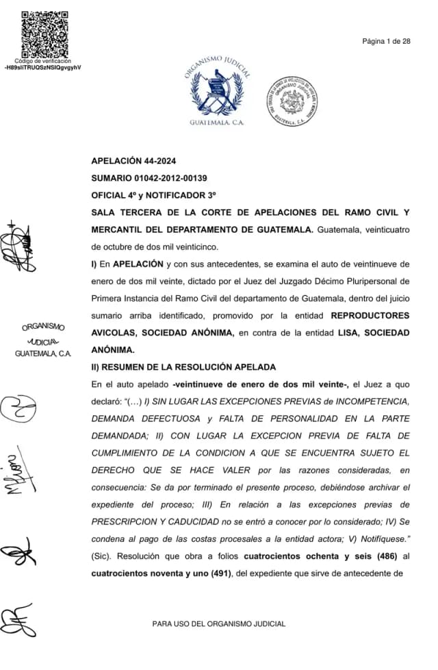La Sala Tercera de la Corte de Apelaciones rechazó ambos recursos y confirmó que la demanda de daños promovida por Reproductores Avícolas contra Lisa, S.A. era prematura porque la exclusión como socia no se encontraba firme.