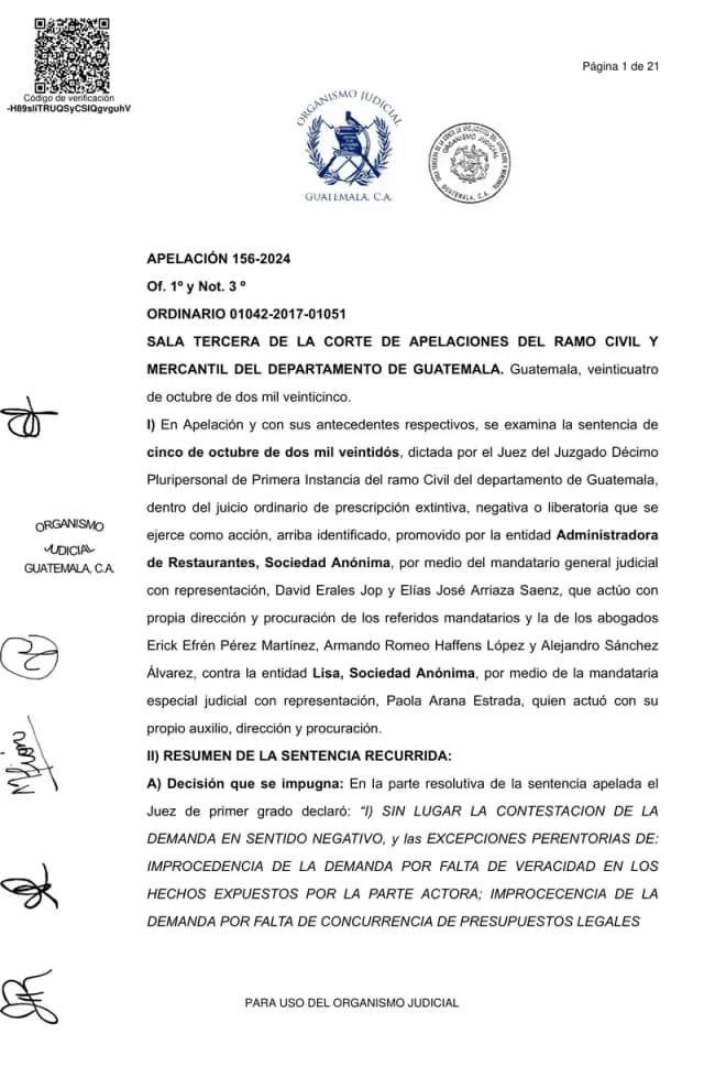 La Sala Tercera rechazó la apelación de Administradora de Restaurantes, S.A. y confirmó que los dividendos decretados a favor de Lisa, S.A. entre 2001 y 2011 no pueden extinguirse por prescripción.
