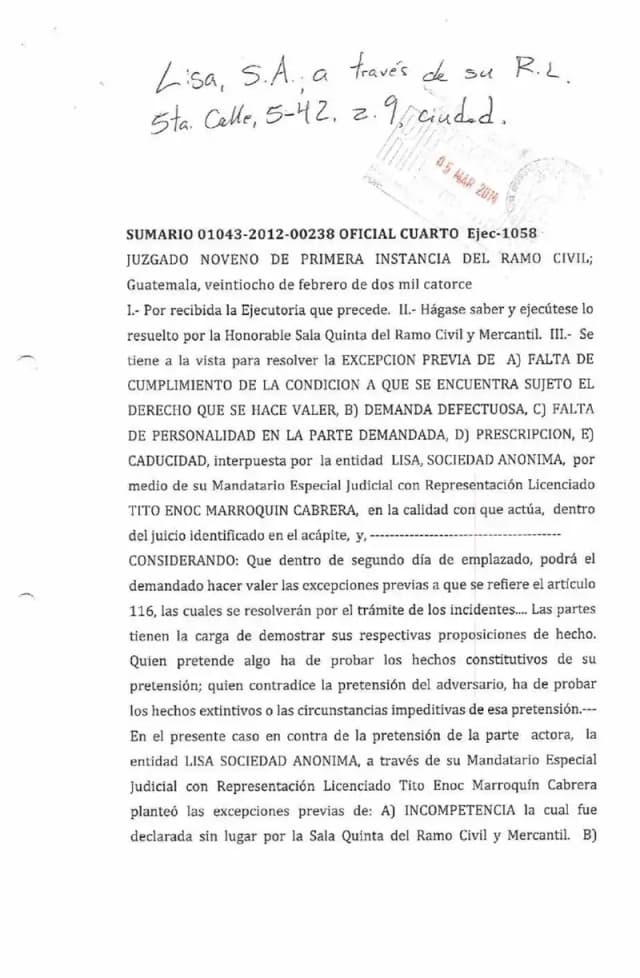 The Ninth Civil Court sustained Lisa, S.A.'s preliminary defense, ruling that Pollo Rey's damages claim was premature while Lisa's opposition to the shareholder exclusion agreement remained pending.