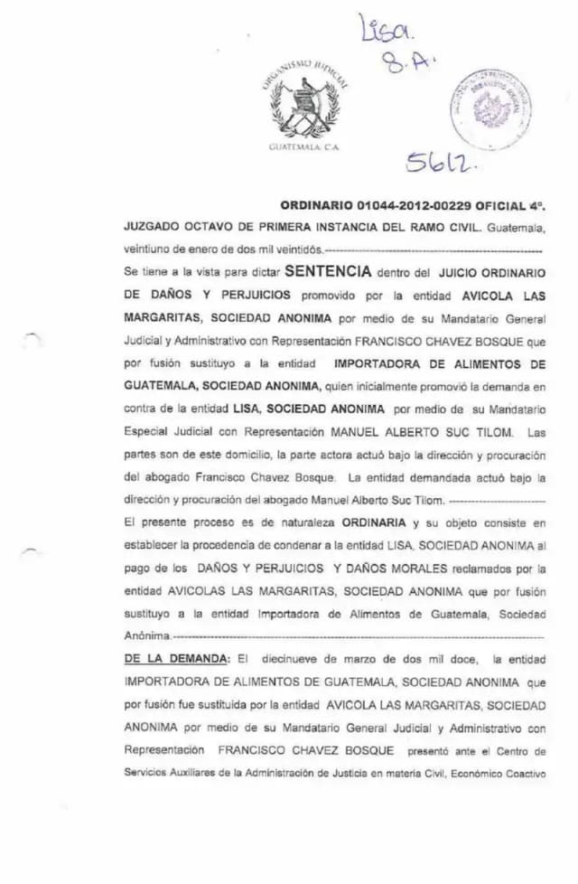 El Juzgado Octavo Civil desestimó la demanda de daños y perjuicios de Avícola Las Margaritas contra Lisa, S.A. al determinar que la reclamación era prematura porque el acuerdo de exclusión de Lisa como accionista no se encontraba firme.