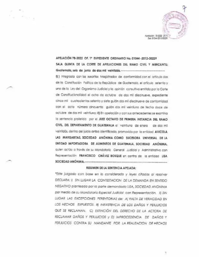 La Sala Quinta de la Corte de Apelaciones confirmó el rechazo de la demanda de daños y perjuicios de Avícola Las Margaritas contra Lisa, S.A., al constatar que la actora no probó la existencia ni la cuantificación de los daños alegados.