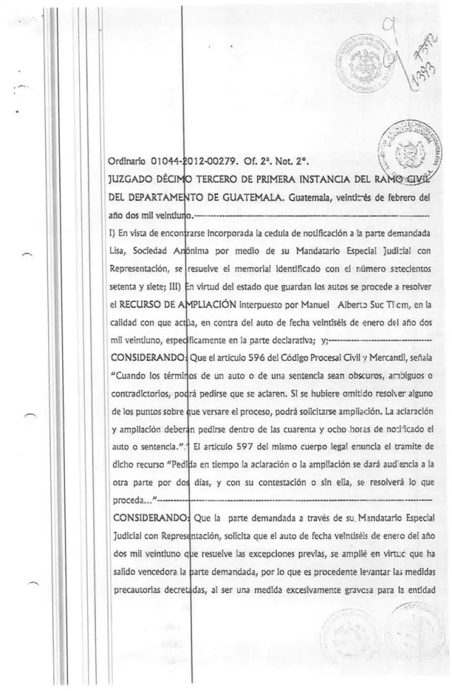 El Juzgado Décimo Tercero de Primera Instancia Civil amplía la resolución que declaró la prescripción y ordena expresamente levantar todas las medidas precautorias dictadas contra Lisa, S.A. en la demanda de daños y perjuicios.