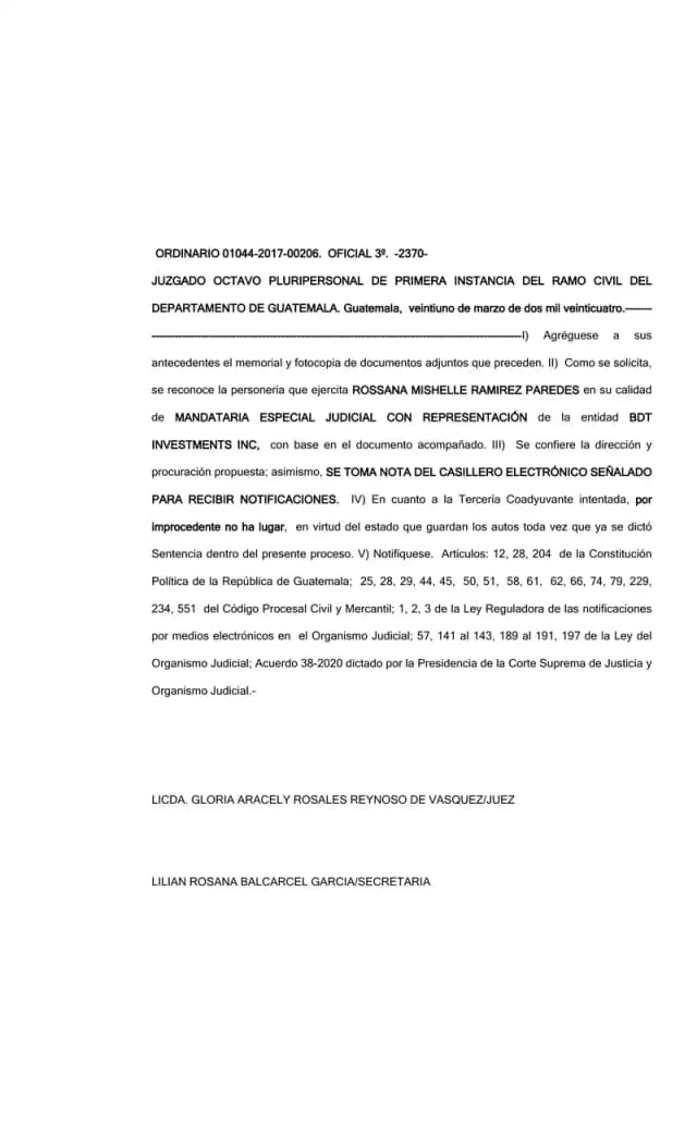 El Juzgado Octavo de Primera Instancia Civil reconoció la personería de BDT Investments Inc. pero declaró improcedente su tercería coadyuvante en el juicio de prescripción de dividendos contra Lisa, S.A., al haberse dictado ya sentencia.