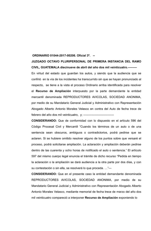 El Juzgado Octavo de Primera Instancia Civil declara sin lugar el recurso de ampliación de Reproductores Avícolas, S.A. que cuestionaba la legitimación de BDT Investments Inc. como titular de derechos societarios de Lisa, S.A.