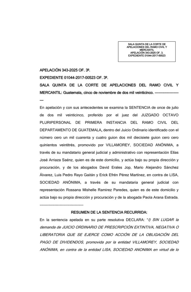 La Sala Quinta de la Corte de Apelaciones confirma la sentencia de primera instancia y rechaza los seis agravios de Villamorey en su pretensión de prescripción extintiva de dividendos contra Lisa, S.A.