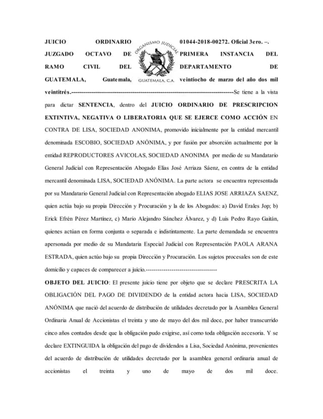 El Juzgado Octavo Civil rechazó la demanda de prescripción de dividendos de Reproductores Avícolas contra Lisa, S.A., al no probarse la exigibilidad de la obligación ni el inicio del cómputo.