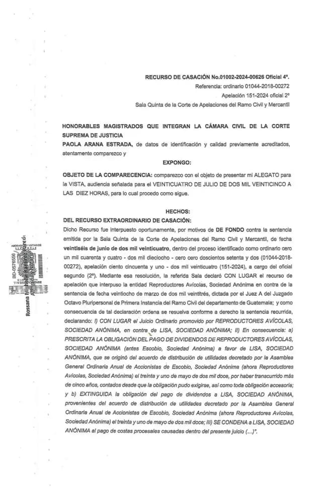 Lisa, S.A. presenta alegato ante la Cámara Civil de la Corte Suprema impugnando la sentencia que declaró prescritos sus dividendos de Reproductores Avícolas.