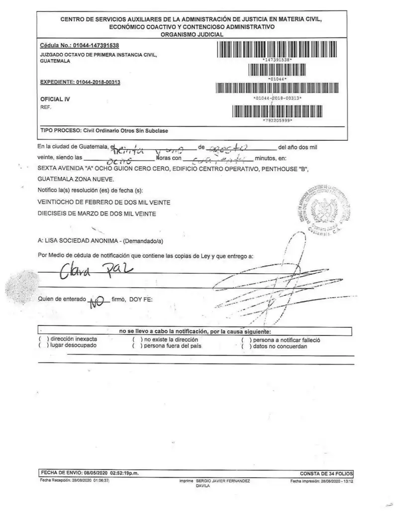 El Juzgado Octavo Civil de Guatemala declaró sin lugar la demanda de prescripción extintiva de dividendos promovida por Compraventa de Productos Alimenticios, S.A. contra Lisa, S.A., al no establecerse la exigibilidad de la obligación.