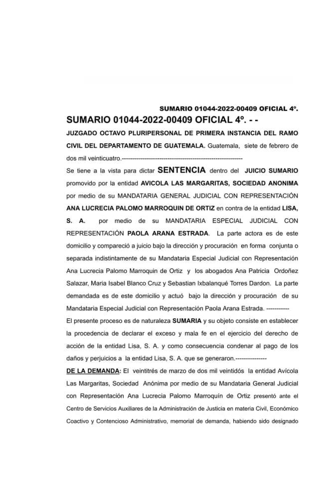 The Eighth Civil Court of Guatemala dismissed Avícola Las Margaritas' abuse-of-rights suit against Lisa, S.A., finding the plaintiff was not a party to the proceedings alleged as abusive and failed to prove damages.