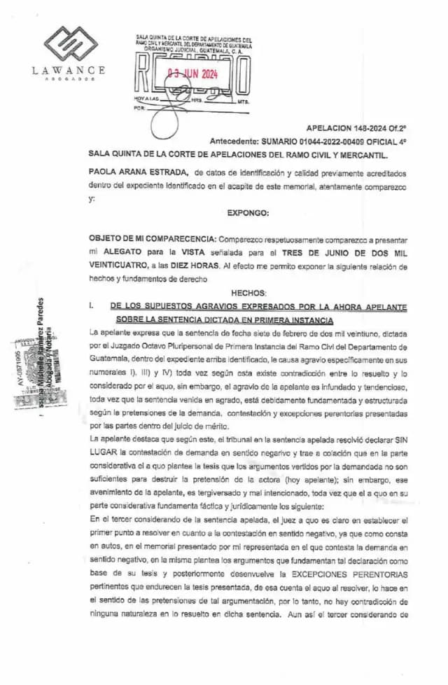 Lisa, S.A. presentó alegato ante la Sala Quinta solicitando confirmar la sentencia que desestimó la demanda de abuso de derecho de Avícola Las Margaritas por falta de legitimación y nexo causal.