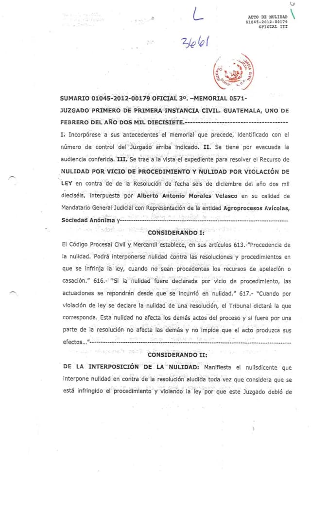 El Juzgado Primero de Primera Instancia Civil de Guatemala rechazó la nulidad interpuesta por Agroprocesos Avícolas, S.A. contra la resolución que revocó las medidas precautorias decretadas en 2012, al constatar que la fianza de Q100,000.00 se encontraba vencida.