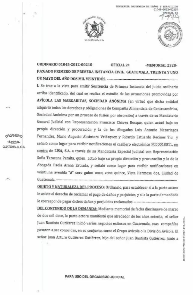 El Juzgado Primero de Primera Instancia Civil de Guatemala desestimó la demanda de daños y perjuicios por Q4,467,032.32 de Avícola Las Margaritas contra Lisa, S.A., al determinar que los actos fueron realizados por terceros sin vinculación directa con la demandada.