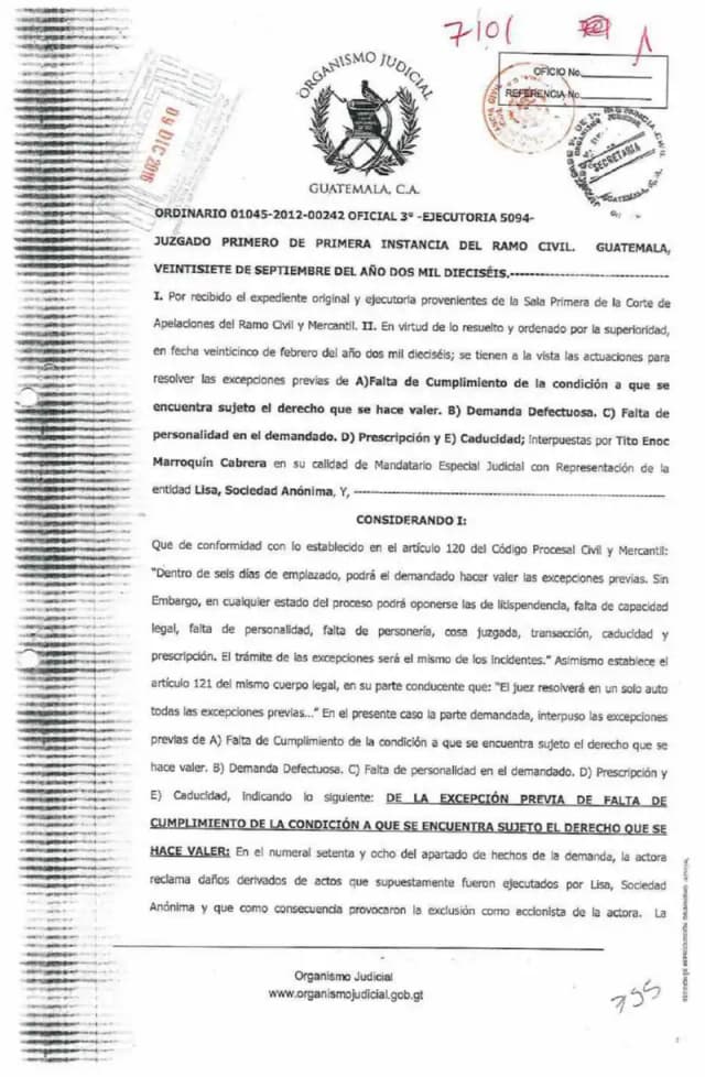 El Juzgado Primero Civil declaró con lugar las excepciones de falta de condición, falta de personalidad y prescripción interpuestas por Lisa, S.A., bloqueando la demanda de daños y perjuicios de Industria Forrajera de Mazatenango.