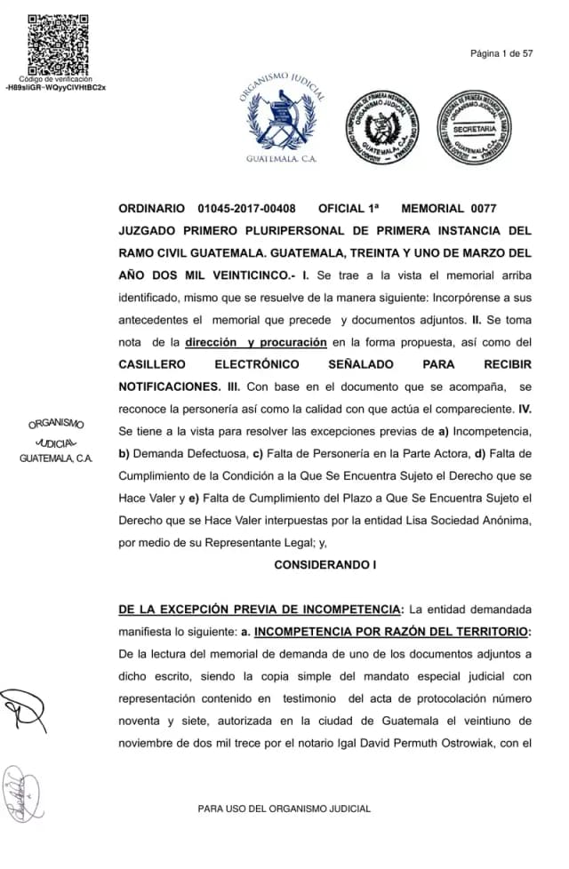El Juzgado Primero Pluripersonal Civil de Guatemala declara sin lugar las cinco excepciones previas de Lisa, S.A., incluyendo incompetencia y demanda defectuosa, permitiendo que avance el juicio de prescripción de dividendos promovido por Inversiones Torre Nova, S.A.