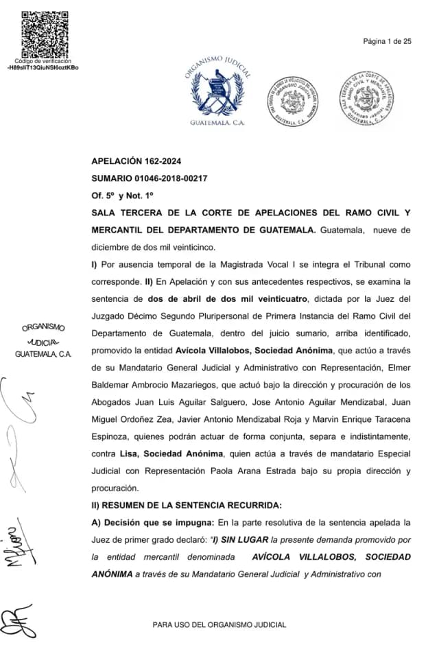 La Sala Tercera de Apelaciones confirmó el rechazo de la demanda de Avícola Villalobos que buscaba extinguir por prescripción los dividendos adeudados a Lisa, S.A.