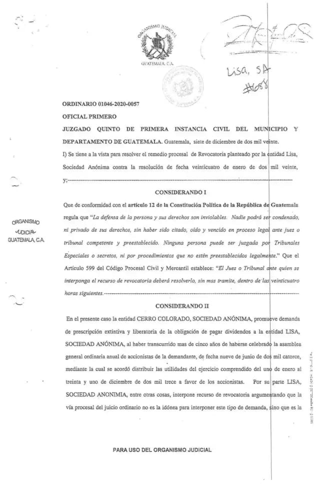 El Juzgado Quinto Civil declara con lugar la revocatoria de Lisa, S.A. y rechaza la demanda de prescripción extintiva de dividendos de Cerro Colorado, S.A. por haberse interpuesto en vía ordinaria en lugar de la sumaria.