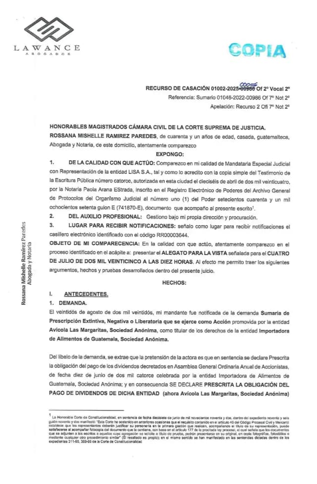 Lisa, S.A. presenta su alegato ante la Cámara Civil de la Corte Suprema de Justicia oponiéndose al recurso de casación de Avícola Las Margaritas, S.A., argumentando que la obligación de pago de dividendos de 2014 es condicional y no exigible hasta que el Consejo de Administración determine la fecha y forma de pago.