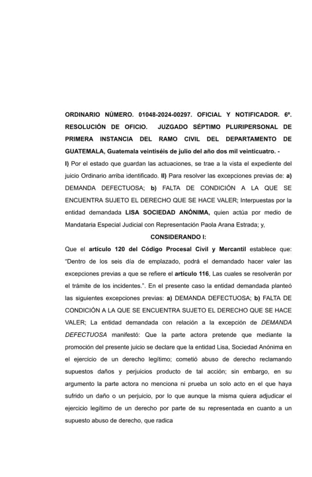El Juzgado Séptimo Civil rechazó las excepciones de demanda defectuosa y falta de condición planteadas por Lisa, S.A., determinando que corresponden al fondo del juicio por abuso de derecho promovido por Avícola Villalobos.