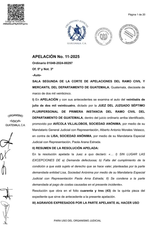 La Sala Segunda de la Corte de Apelaciones declaró sin lugar la apelación de Lisa, S.A. y confirmó que sus objeciones de demanda defectuosa y falta de condición son cuestiones de fondo reservadas para sentencia.