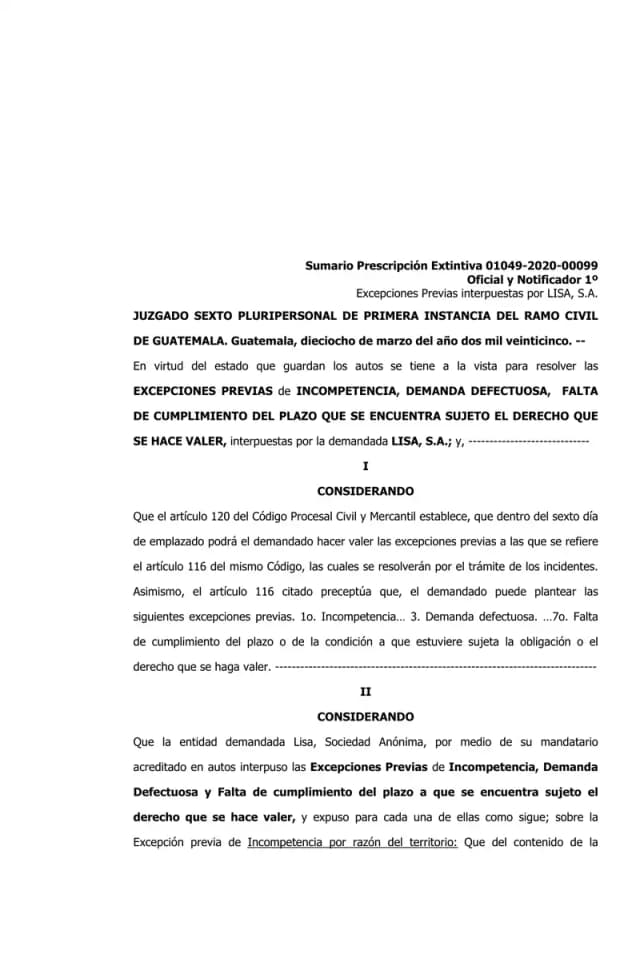 Juzgado Sexto Civil de Guatemala declara sin lugar las excepciones de incompetencia, demanda defectuosa y falta de plazo planteadas por Lisa, S.A., permitiendo que el juicio de prescripción de dividendos avance al fondo.