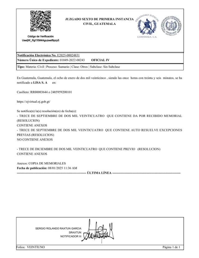 El Juzgado Sexto Civil de Guatemala declaró con lugar la excepción de incompetencia de Lisa, S.A. y remitió a arbitraje la demanda de prescripción de dividendos de Inversiones Torre Nova, condenando en costas a la actora.