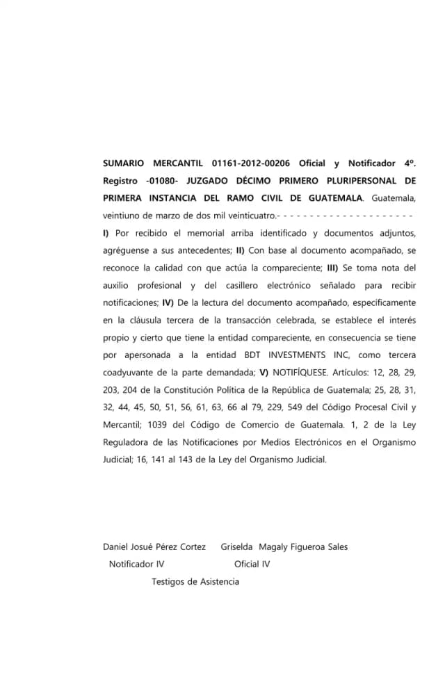The Eleventh Civil Court of First Instance admits BDT Investments Inc. as a third-party intervener supporting Lisa, S.A. based on clause three of the settlement agreement between the two entities.