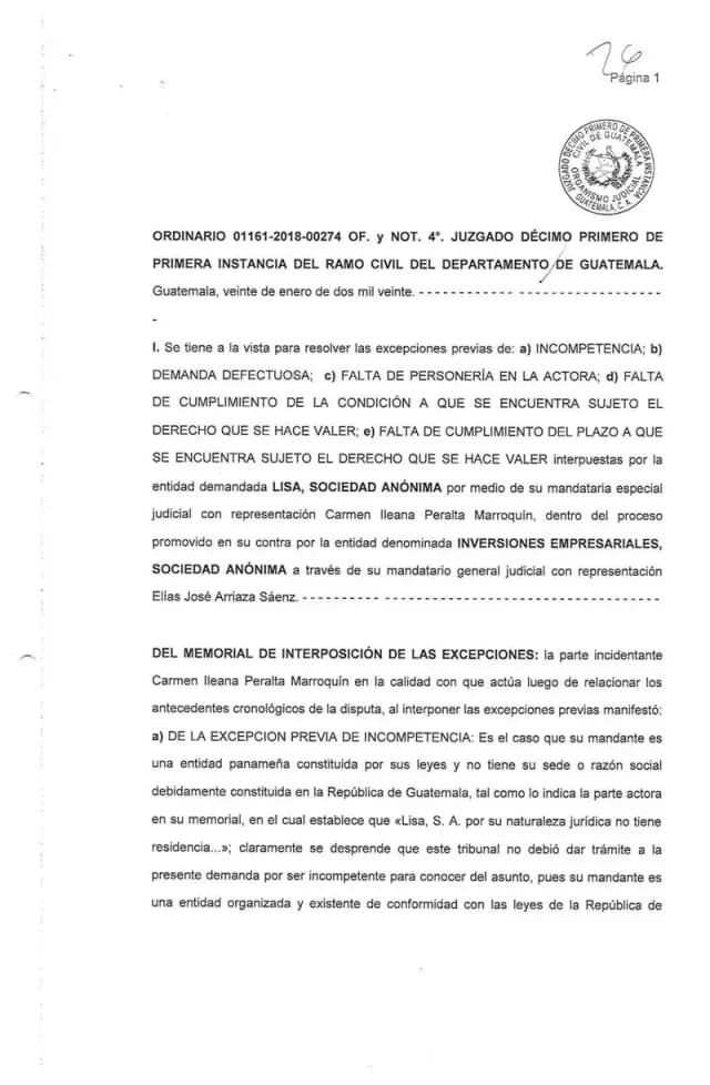 The Eleventh Civil Court of Guatemala upheld Lisa, S.A.'s defective-complaint objection and rejected Inversiones Empresariales, S.A.'s ordinary action seeking to declare Lisa's dividend rights extinguished by prescription, ruling the wrong procedural track was used.