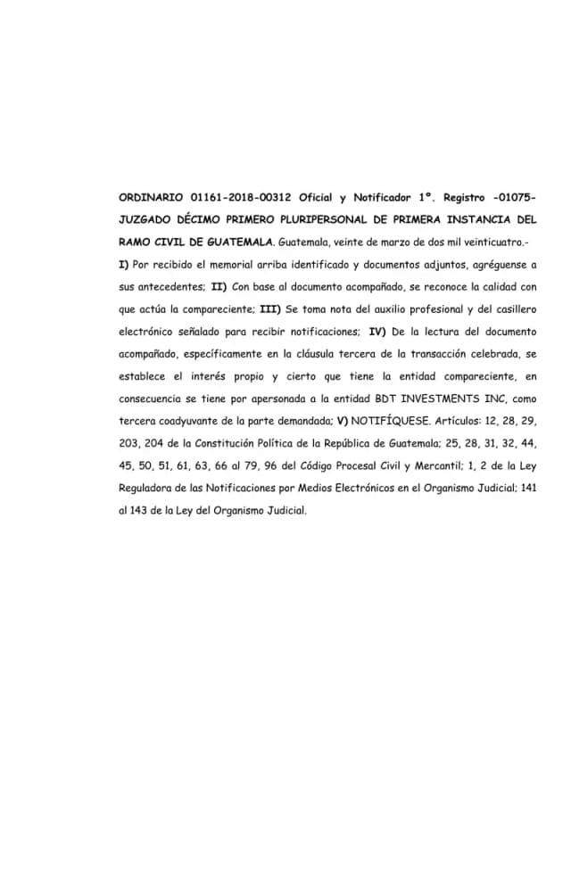 Guatemala's Eleventh Civil Court admits BDT Investments Inc. as third-party co-litigant for Lisa, S.A., finding own and certain interest based on a transaction agreement.