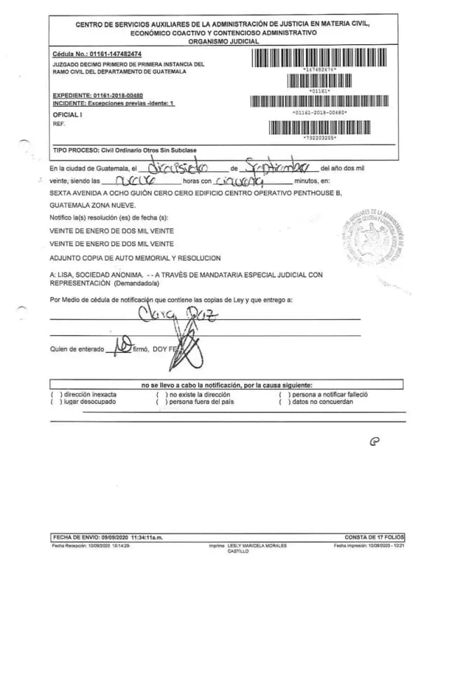 El Juzgado Décimo Primero Civil de Guatemala declaró con lugar la excepción de incompetencia de Lisa, S.A. y remitió a arbitraje la acción de prescripción de dividendos promovida por Compañía Importadora La Perla, S.A.