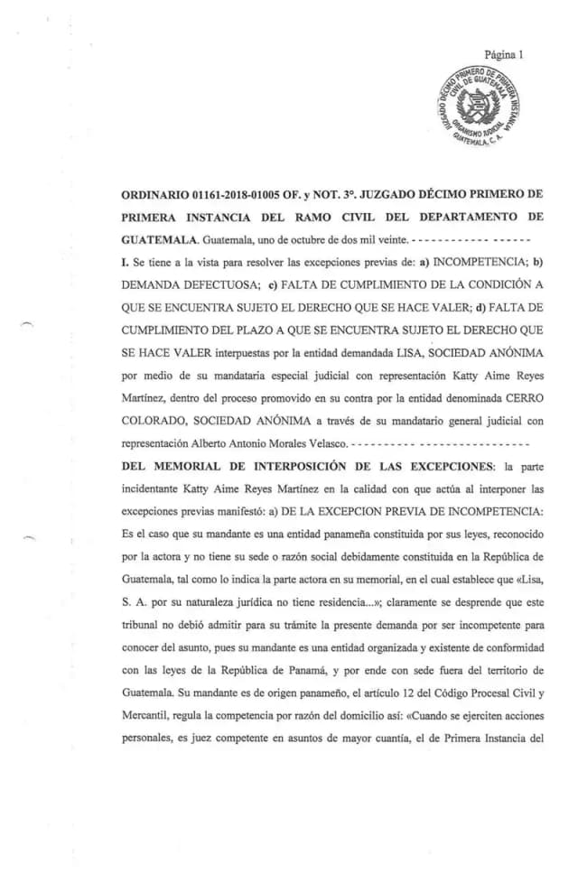 El Juzgado Décimo Primero Civil declara con lugar la excepción de demanda defectuosa de Lisa, S.A. y rechaza la acción ordinaria de prescripción extintiva de dividendos promovida por Cerro Colorado, S.A., por corresponder a la vía sumaria.