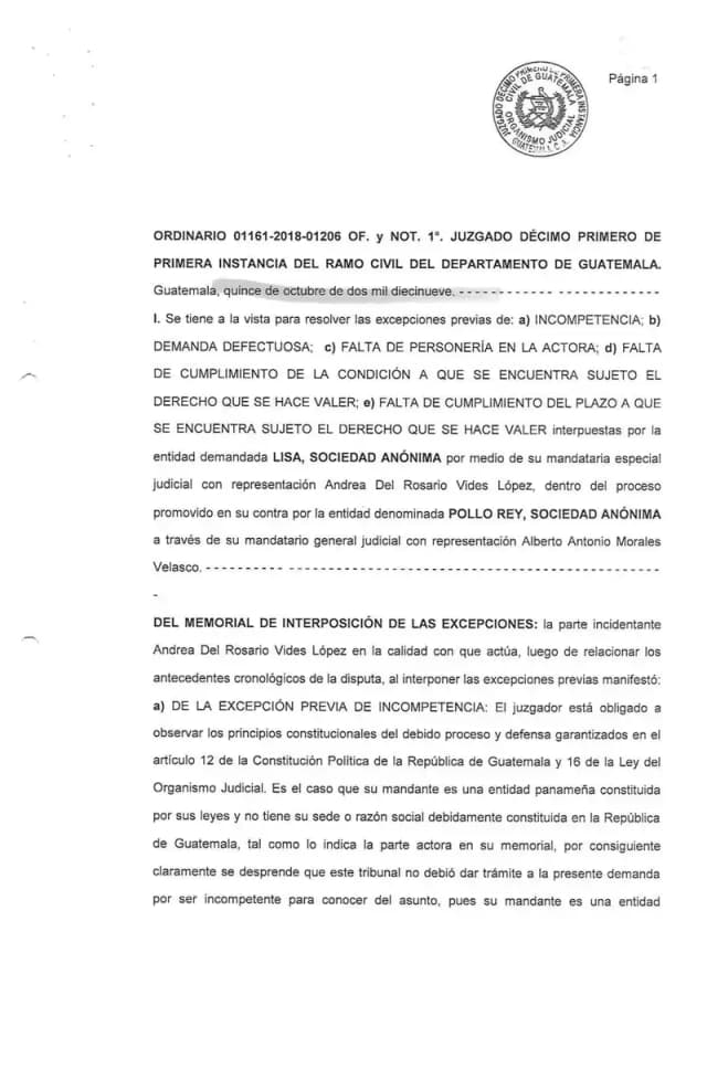 El Juzgado Décimo Primero Civil declara con lugar la excepción de incompetencia de Lisa, S.A. y ordena que la demanda de prescripción de dividendos de Pollo Rey se resuelva en arbitraje de equidad.