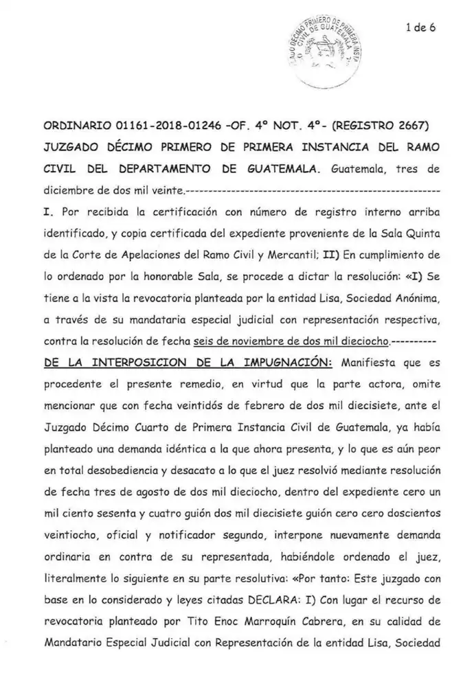 El Juzgado Décimo Primero Civil de Guatemala declaró con lugar la revocatoria de Lisa, S.A. y rechazó la demanda ordinaria de prescripción de dividendos de Escobio, S.A., al determinar que la controversia mercantil debe tramitarse en juicio sumario.
