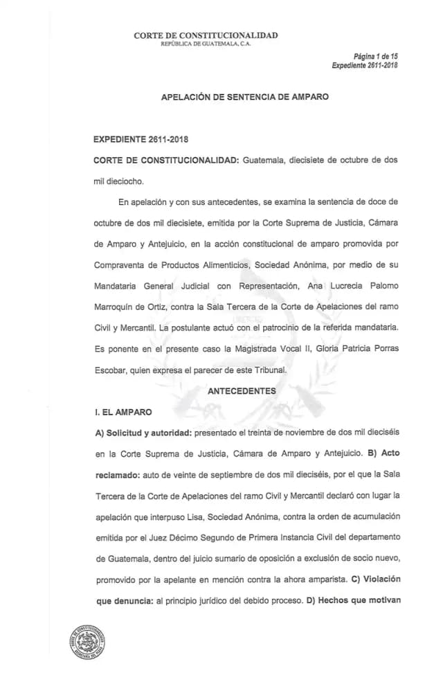 La Corte de Constitucionalidad confirma la denegatoria del amparo de Compraventa contra la revocatoria de la acumulación de los juicios de oposición a exclusión de socio de Lisa, S.A.