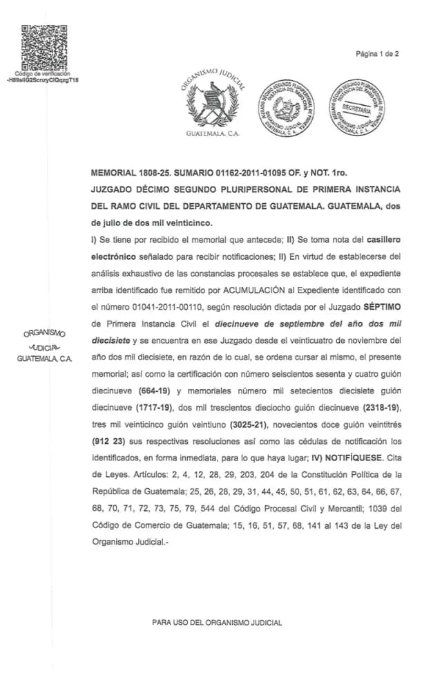 El Juzgado Duodécimo Civil ordena cursar un memorial y cinco certificaciones al Expediente 01041-2011-00110 del Juzgado Séptimo Civil, donde el juicio de exclusión de socio contra Lisa, S.A. fue acumulado desde 2017.