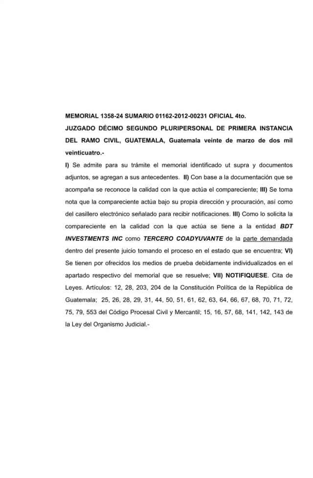 El Juzgado Décimo Segundo de Primera Instancia Civil admite a BDT Investments Inc. como tercero coadyuvante de Lisa, S.A. en el juicio sumario mercantil promovido por Reproductores Avícolas, S.A.