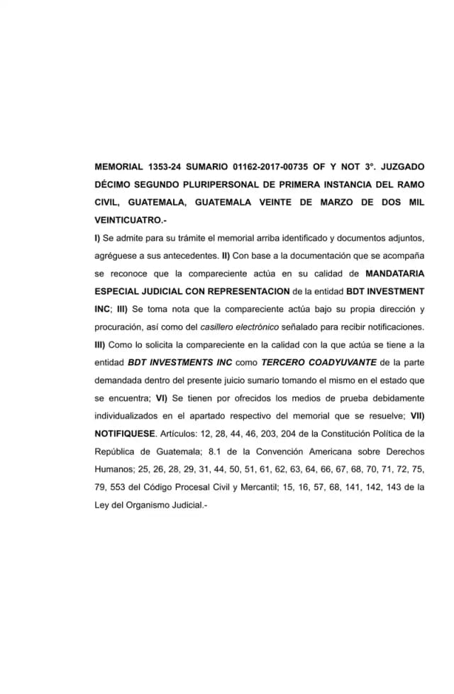 Juzgado Décimo Segundo Civil de Guatemala admite a BDT Investments Inc. como tercero coadyuvante de Lisa, S.A. en juicio sumario sobre prescripción de dividendos promovido por Reproductores Avícolas.
