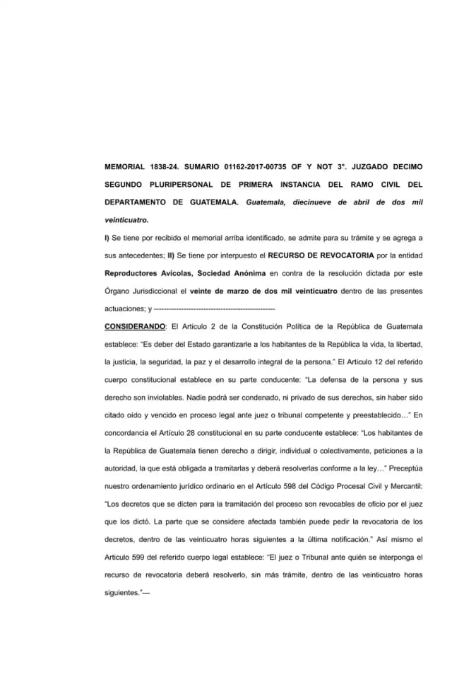 El Juzgado Décimo Segundo Civil declaró sin lugar el recurso de revocatoria de Reproductores Avícolas contra la admisión de BDT Investments Inc. como tercera coadyuvante de Lisa, S.A. en el juicio sumario de prescripción de dividendos.