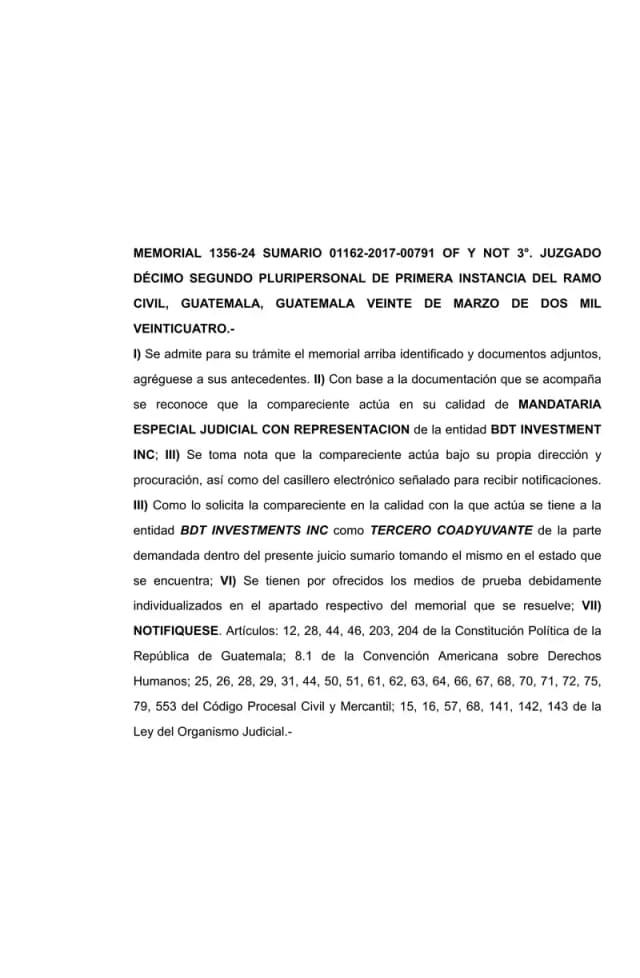 El Juzgado Décimo Segundo de Primera Instancia Civil admitió a BDT Investments Inc. como tercero coadyuvante de Lisa, S.A. en el juicio sumario de prescripción extintiva promovido por Reproductores Avícolas, S.A.
