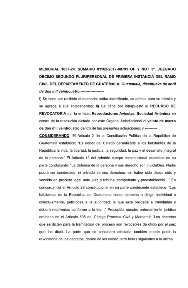 El Juzgado Décimo Segundo Civil declaró sin lugar la revocatoria de Reproductores Avícolas contra la admisión de BDT Investments Inc. como tercero coadyuvante de Lisa, S.A. en el juicio sumario de prescripción extintiva.
