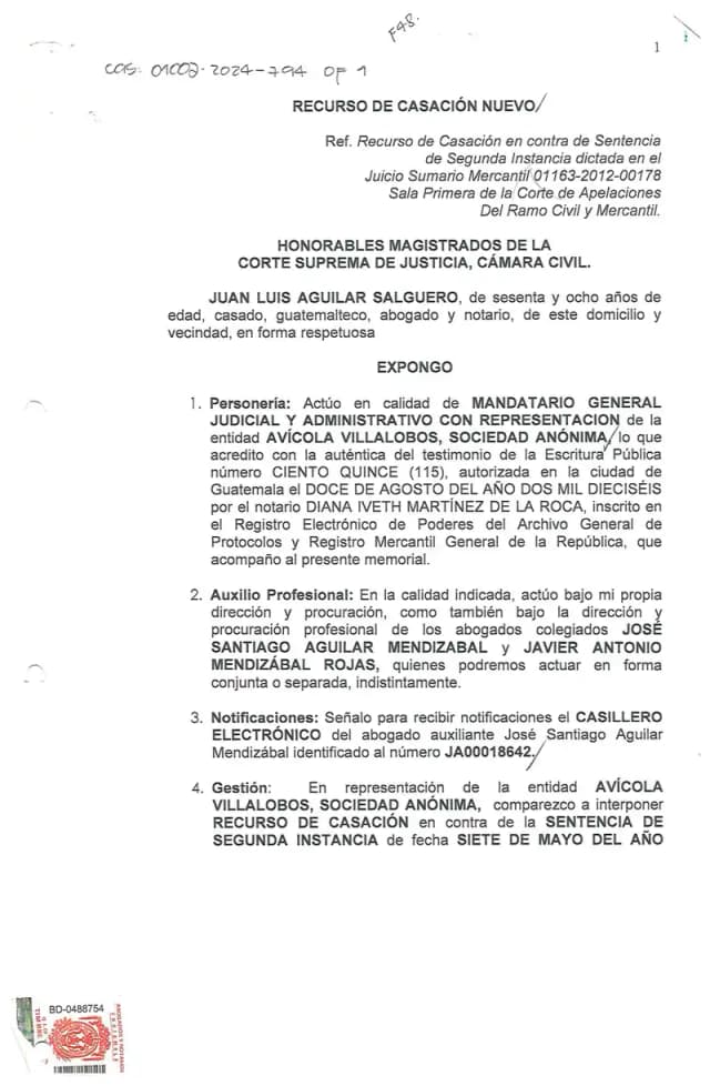 Avícola Villalobos, S.A. files a cassation appeal before the Supreme Court of Justice against the ruling that upheld the dismissal of its Q94,410,079.60 damages claim against Lisa, S.A.