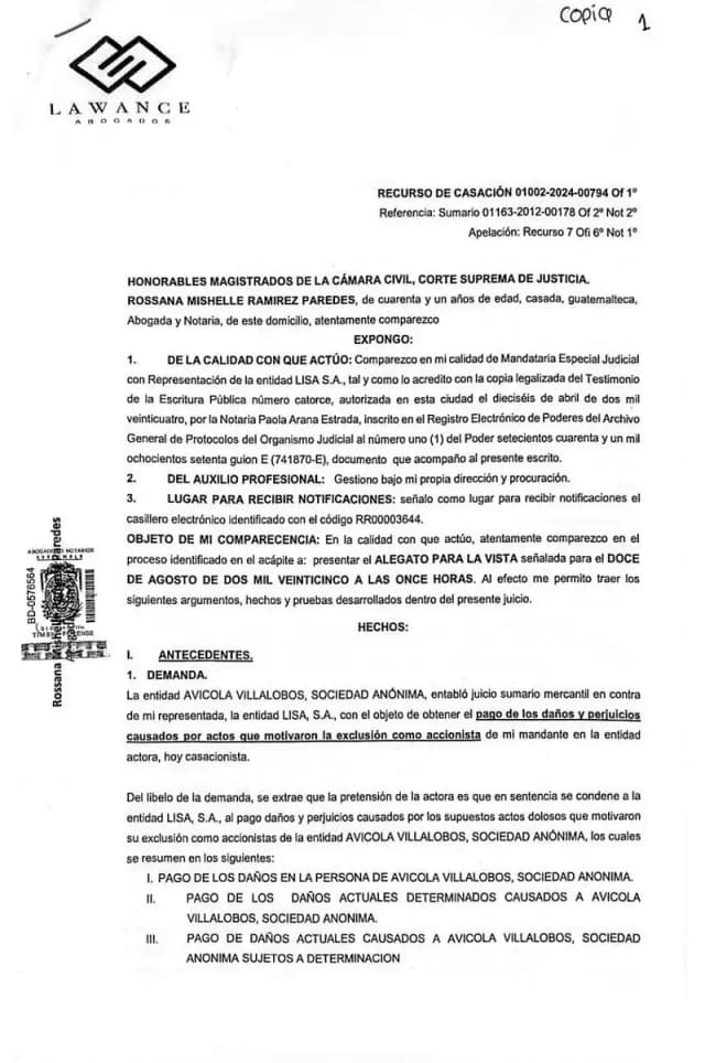 Lisa, S.A. opposes Avícola Villalobos's cassation appeal, arguing that shareholder exclusion does not automatically establish damages without proof of their existence and causal nexus.