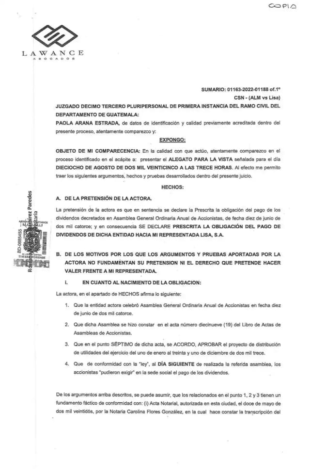 Lisa, S.A. presenta alegatos finales argumentando que los dividendos de 2014 no son exigibles por falta de determinación del Consejo de Administración y por seis embargos judiciales vigentes que impiden su libre disposición.
