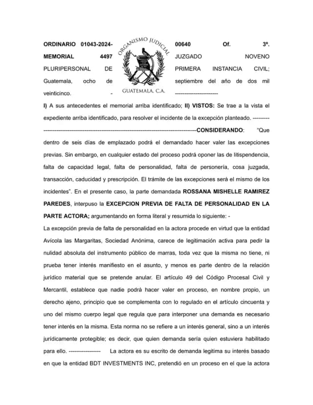 El Juzgado Noveno Civil declara con lugar la excepción de falta de personalidad, determinando que Avícola Las Margaritas carece de legitimación para impugnar el mandato de BDT Investments Inc.