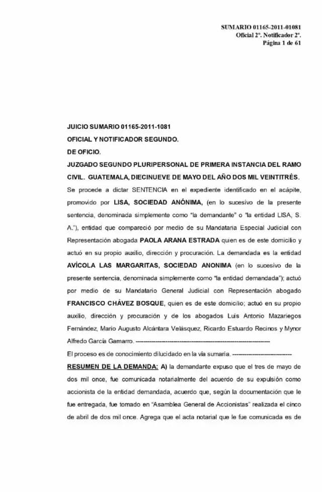 El Juzgado Segundo Pluripersonal de Primera Instancia del Ramo Civil declaró con lugar la oposición de Lisa, S.A. y anuló su exclusión como accionista de Compañía Alimenticia de Centroamérica, S.A., al determinar que el plazo de caducidad de tres meses fue excedido.